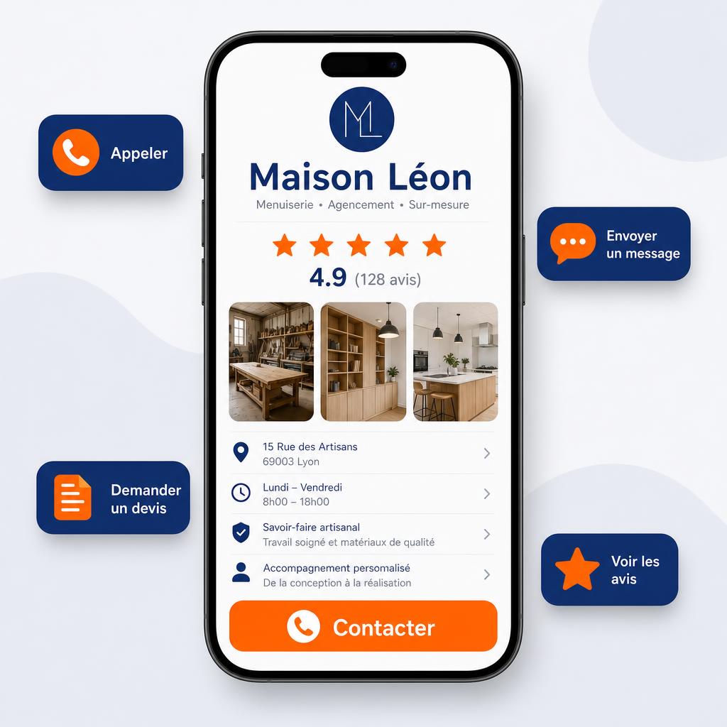 Fiche entreprise locale sur smartphone avec notifications de clients entrants